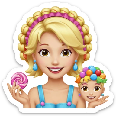 candy shop vendor, looking like candy with candy earrings and candy hair with big smile and blond hair sticker