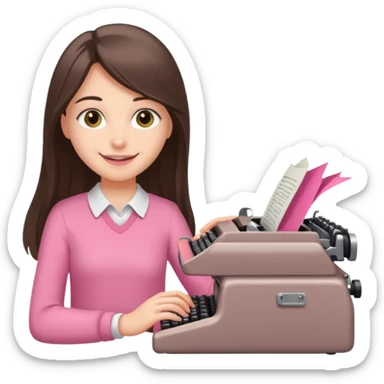 smiling white long brunette hair girl with hazel eyes wearing pink typing on a typewriter sticker