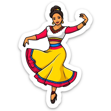 Colombian salsa dancer with vibrant traditional outfit, energetic pose, colorful flowing dress sticker
