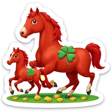 red horse and baby horse agressive running a lot of money and luck sticker