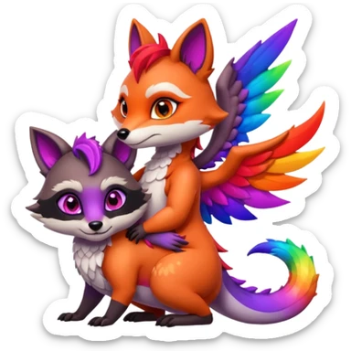 black female raccoon dragon hybrid with rainbow colored wings and purple eyes hugging a red female fox dragon hybrid with rainbow colored wings and orange eyes sticker