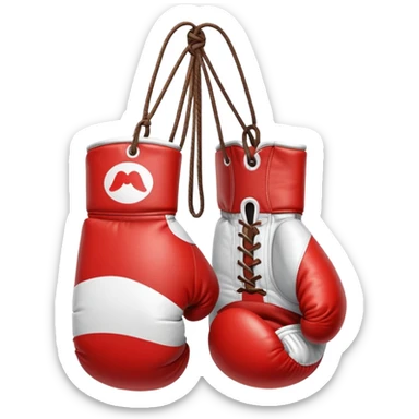 Red and white boxing gloves with Mario M logo and mustache design sticker