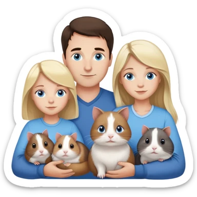 Family portrait with father with dark brown hair and blue eyes, mother with light brown hair and blue eyes, three blonde little girls with blue eyes, plus a grey cat and two guinea pigs sticker