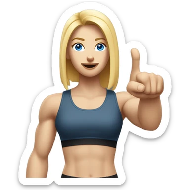 Close up Actively gesturing  with hands Pale skinned Fit woman With the biceps and blonde hair in dark gray Sleeveless Mike, black sports shorts, watch and white Sneakers and Blue Eyes  sticker