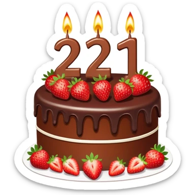 A birthday cake with the number 21 on it and the cake is chocolate and straw berries and nice burning candles sticker