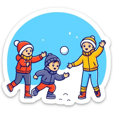 kids playing a snowball fight outdoors, energetic, winter clothing sticker