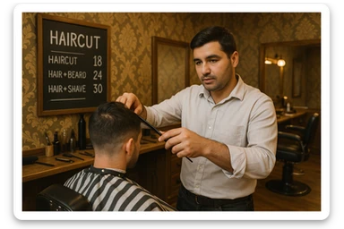 Draw me a picture of a barbershop that looks like this guy working in a barbershop. The barbershop doesn't have to be very modern. It should be on a medium floor. Also draw a blackboard on the wall. It should have the prices for haircuts there. sticker