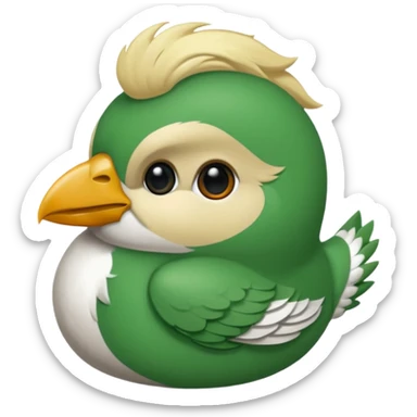 un oiseau classique de profil tout vert même sa tête  et un seul poil blond qui fait une petite bouclette sur le front avec le collier argenté avec des ronds attachés au collier est autour du coup de l’oiseau entre la tête et le corps sticker