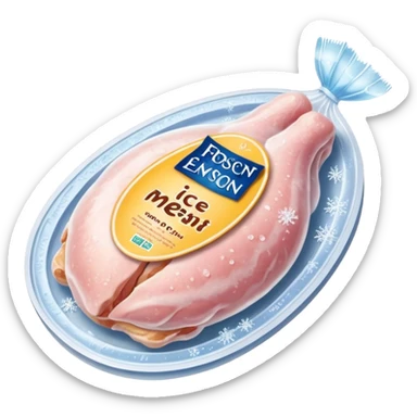 A pack of frozen chicken breasts sealed in transparent plastic packaging, covered with frost and ice crystals. The meat looks pale pink with a slight icy glaze, sitting in a freezer with cool blue lighting. Realistic detail, cold atmosphere, food photography style. sticker