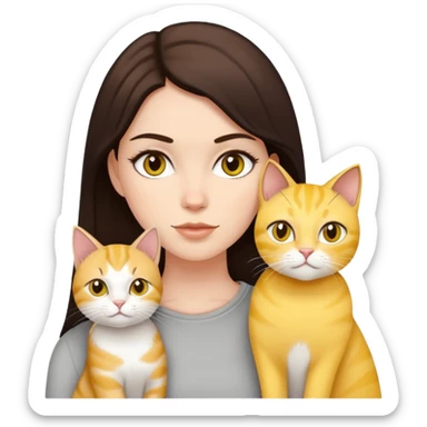 white girl wirh dark brown hair with 2 yellow cats and one light grey cat sticker