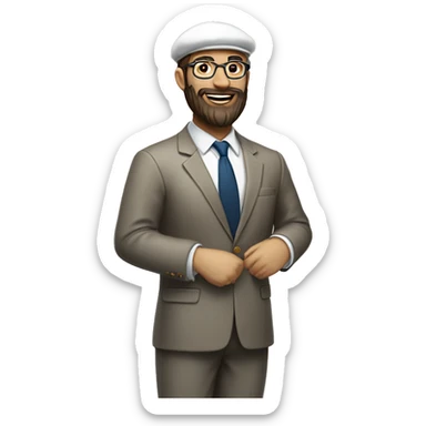 man, long brown beard, white skin, suit, standing and smile (full-body "slim"), beret hat, glasses sticker