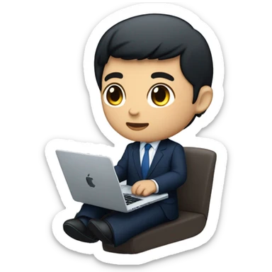 memoji of a young man with a laptop in front, apple-style, on laptop with a blue sticker with 4 letters: "WYZE", modern, dark hair, dark blue suit, computer in hand, chinese skin, sitting on this desk sticker