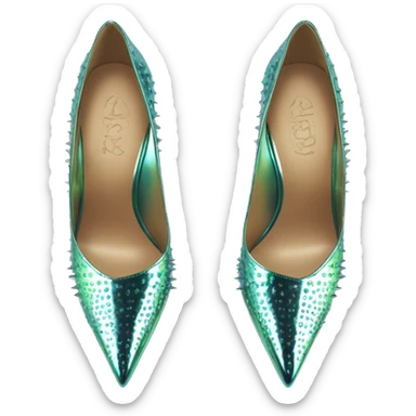 Realistic isolated top view of a pair of metallic iridescent spikey pointed toe high heel shoes. sticker