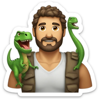 hombre de pelo castaño con barba, y ojos verdes Junto a un dinosaurio sticker