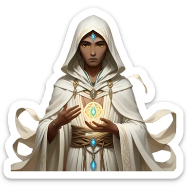 Clash of Clans aesthetic friendly Mage Portrait Emoji, With an enigmatic, slender build draped in flowing mystical robes adorned with arcane symbols, piercing eyes and a determined aura, his face rendered in a natural skin tone (not yellow), Simplified yet sharply defined features, highly detailed, glowing with a cool, otherworldly radiance, high shine, wise and resolute, stylized with an air of ancient sorcery, focused and mystical, soft glowing outline, capturing the essence of a powerful mage ready to unleash enchanted spells on epic adventures! sticker