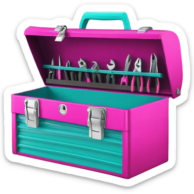 Realistic metallic hot pink and turquoise tool box with top open and tools inside of it isolated.  sticker