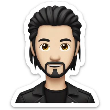 Chinese Man with pale skin, very long black hair, black goatee, square jawline, eyeliner, black leather jacket, black pants, black shirt and pentacle necklace sticker