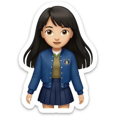 black color long hair with fringe, light skin long hair girl with brown varsity jacket and navy long skirt walking

 sticker