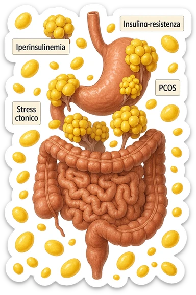 STOMACO E INTESTINO SONO VERTICALMENTE COLLEGATI E INTORNO A QUESTI ORGANI CI SONO CELLULE DI GRASSO GIALLE ATTACCATE SOPRA A GRAPPOLI, intorno fluttuano cellule di grasso giallo e alcune targhette con queste parole "Iperinsulinemia", "insulino-resistenza", "PCOS", "Stress cronico", "asse HPA", IPERREALISTICO 4K sticker