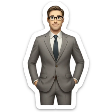 Full height Pale skinned Fit Man With dark brown hair in classic gray suit, beige office shirt, dark gray tie, and vintage glasses. His right hand is directed up sticker
