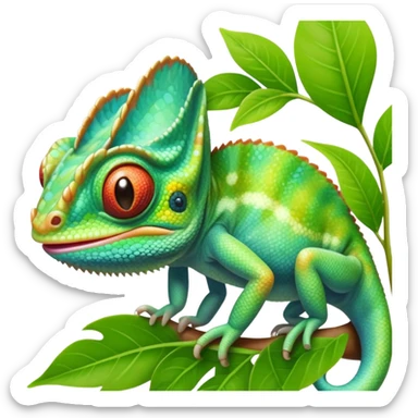 cinematic cute -baby chameleon-realistic emoji, mouth wide open with tongue out catching prey, -blending-with-vibrant-greenery.-detailed-scales-in-shifting-colors,-showing-the-chameleon’s-ability-to-camouflage.-soft-natural-light-highlights-its-texture.-light-background, zoomed into its face sticker