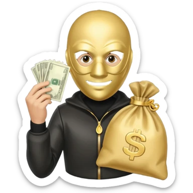 Robber emoji holding a 💰 wearing a mask that is made of robber suit without showing his hand the 💰 need to be in the left sticker