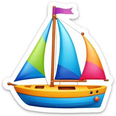 A colorful toy sailboat with a cute smiling face on the bow sticker