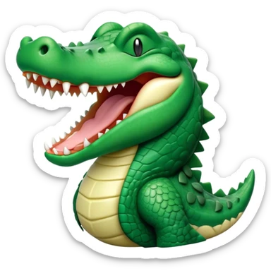 Cinematic Cute Yawning Crocodile Portrait Emoji, Head tilted slightly with a dramatic, wide-open yawn, showcasing a soft, textured emerald-green hide with slightly drooping jaws and half-closed eyes in drowsy contentment, Simplified yet irresistibly adorable features, highly detailed, glowing with a soft, cozy glow, high shine, relaxed yet expressive, stylized with a touch of reptilian whimsy, bright and endearing, soft glowing outline, capturing the essence of a sleepy yet affectionate crocodile, so drowsy it feels like it could stretch out of the screen and curl up for a nap! sticker