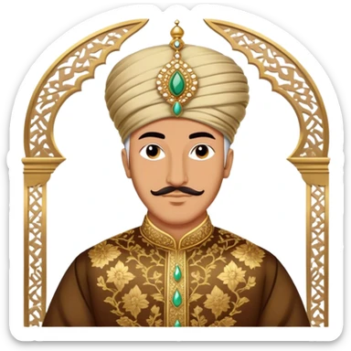 Suleiman the Magnificent – Cinematic Realistic Portrait of Suleiman the Magnificent, depicted as a regal Ottoman sultan in luxurious traditional attire with intricate patterns and a golden turban, his commanding gaze illuminated by warm, historic lighting, exuding majestic authority and timeless grandeur. sticker