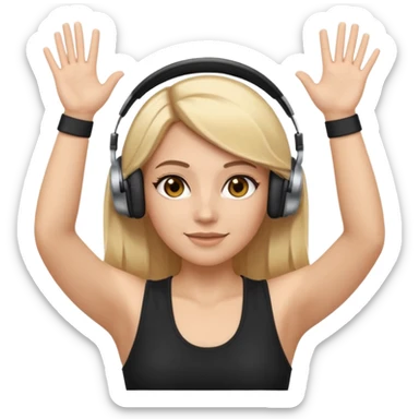 I want a white female dj animated gif emoji with long straight centre parting blonde hair, brown eye brows and putting hands up in the air. Wearing a black tight top with no sleeve. Also wearing DJ headphones  sticker