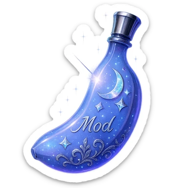 modernus prabangus eliksyro buteliukas, banano forma, spalva #7986cb, holografiniai ir sidabriniai ornamentai, stiprūs magiški švytėjimai ir efektai, labai mažas kaklelis, skaidrus fonas, vientisas dugnas, be šešėlio, plūduriuoja ore, kolekcijos stilius, užrašas 'Mod' ant buteliuko sticker