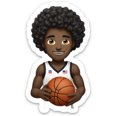 black basketball player holding the notebook wearing black and white "partizan" jersey with serbian flag medium curly hair and handband sticker