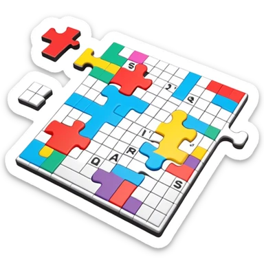 A photorealistic icon with a colorful, fragmented puzzle piece, a crossword magazine, a 3D puzzle, and a partially completed puzzle on a table. Bright, detailed design with realistic lighting. Transparent background, clearly symbolizing puzzles and brain games. sticker