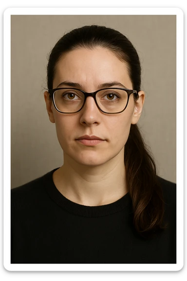 upper body portrait of a woman with long pulled back dark brown hair, hazel eyes, and glasses, neutral expression sticker