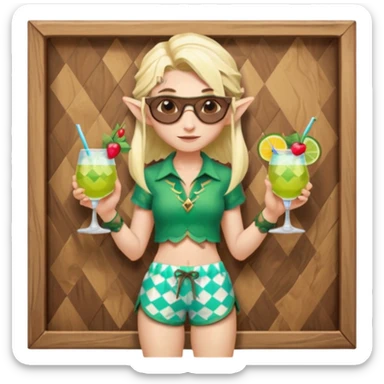 elf female legolas portrait, patterned board shorts (geometric/abstract), unique wooden-framed sunglasses, undercut hairstyle, slight smirk, visible pointy ears, no background, centered emoji, hipster summer vibe coctails  sticker