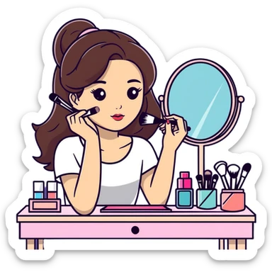 Cool brunette girl putting on makeup at her vanity desk  sticker