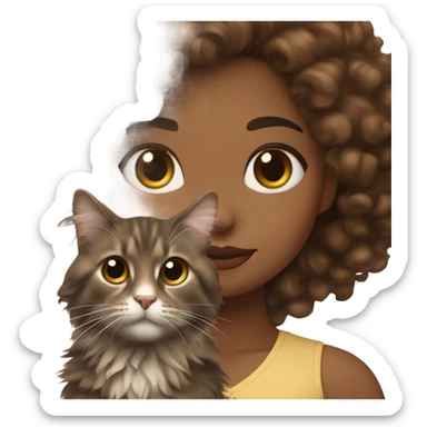 Brown skin girl with curly brown hair and long lashes with fat Norwegian forest cat sticker