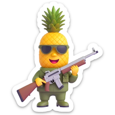 a pineapple holding a toy rifle, dressed in army fatigues, with a serious expression, 3D emoji style sticker