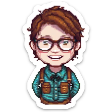 pixel art icon of a nerd with glasses, buck teeth, and a friendly expression sticker
