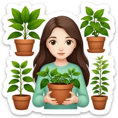 beautiful pale brunette girl with long hair holding plants in the pots sticker