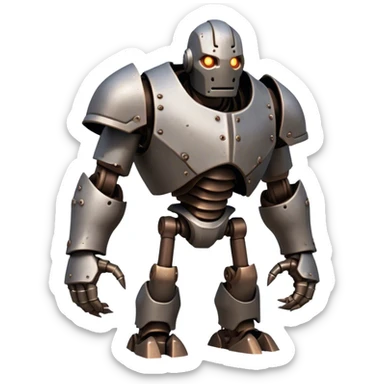 Cinematic Fierce Mighty Iron Golem Portrait Emoji Depicted mid-action in a dynamic, battle-ready stance, massive fists clenched, the ancient metallic plates along its form shifting with raw power. Its eyes blaze like molten fire within a carved, rune-etched face, exuding both divine purpose and mechanical precision. Weathered steel and dark bronze tones are accented by glowing, arcane inscriptions, each detail meticulously crafted with lifelike metallic reflections. High shine, imposing yet regal, styled with an air of indestructible might, soft glowing outline, capturing the essence of an unstoppable colossus that looks ready to charge forth with a thunderous step! sticker