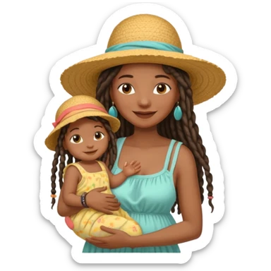 A black mom with long dread lock hair in a sunhat holding her baby gently, wearing a sun-dress while smiling softly. sticker