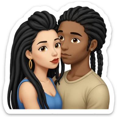 Latina Woman with long hair kissing a young black guy with dreads chin hair sticker