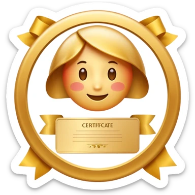 Apple iOS emoji style certificate icon, white document with rounded corners, gold seal and ribbon, soft gradients, glossy 3D emoji look, minimal, clean, centered, transparent background sticker