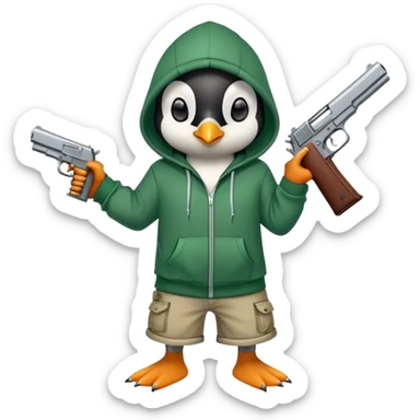 A cute half-dolphin half-penguin thug with a gun, wearing a blood-stained green hoodie and Dollar General shorts sticker