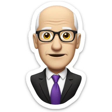 white, bald old man wearing a black suit with a purple tie and glasses, with no mustache sticker