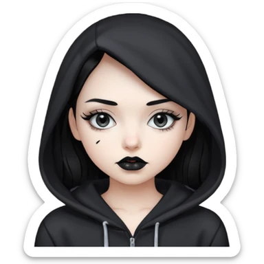 Black haired girl, silver eyes, black lipstick, white skin, black hoodie sticker