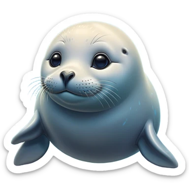 Cinematic Cute Seal Portrait Emoji, Head tilted playfully and inquisitively, featuring a charming, plump form with a sleek, shiny body and round, sparkling eyes full of gentle wonder, accented by a subtly contoured head, Simplified yet irresistibly adorable features, highly detailed, glowing with a warm, friendly oceanic glow, high shine, affectionate and lively, stylized with a touch of whimsical seaside charm, soft glowing outline, capturing the essence of a mischievous yet loving seal that seems as if it could pop out of the screen into your arms! sticker