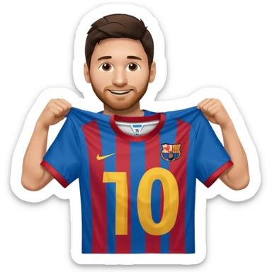 Lionel Messi holding up his own shirt sticker