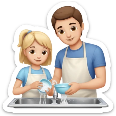 child and parent washing dishes together, friendly and caring sticker